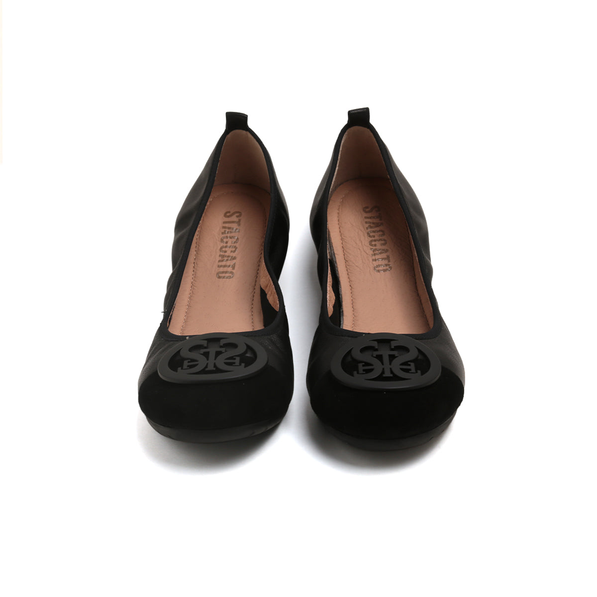 Black ST Buckle Suede-Toe Cap Ballerina Flats