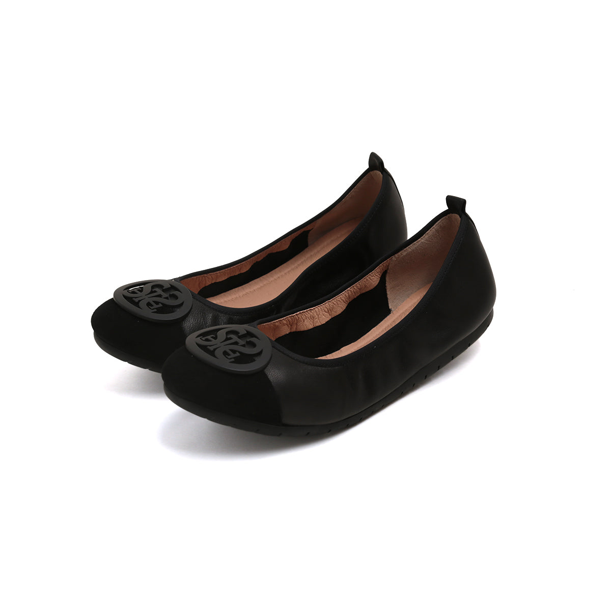 Black ST Buckle Suede-Toe Cap Ballerina Flats