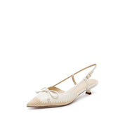 Beige Bow Raffia-embellished Pumps
