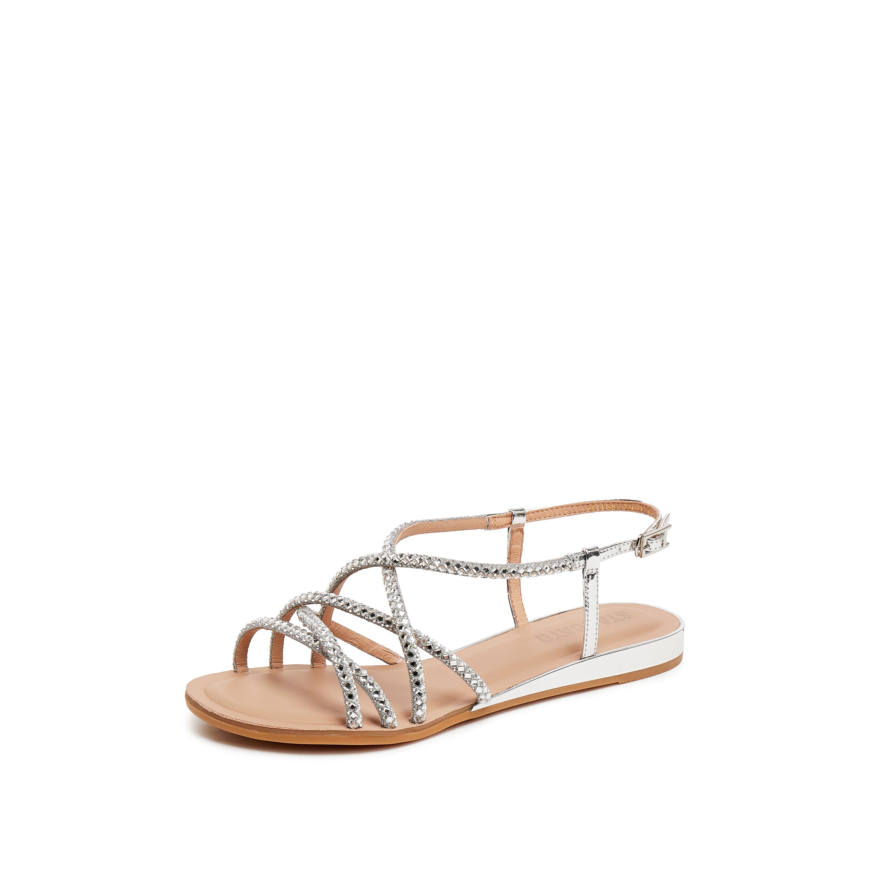 Silver Crystal Cross Strappy Flat Sandals