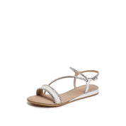 Silver Crystal Straw Strap Flat Sandals