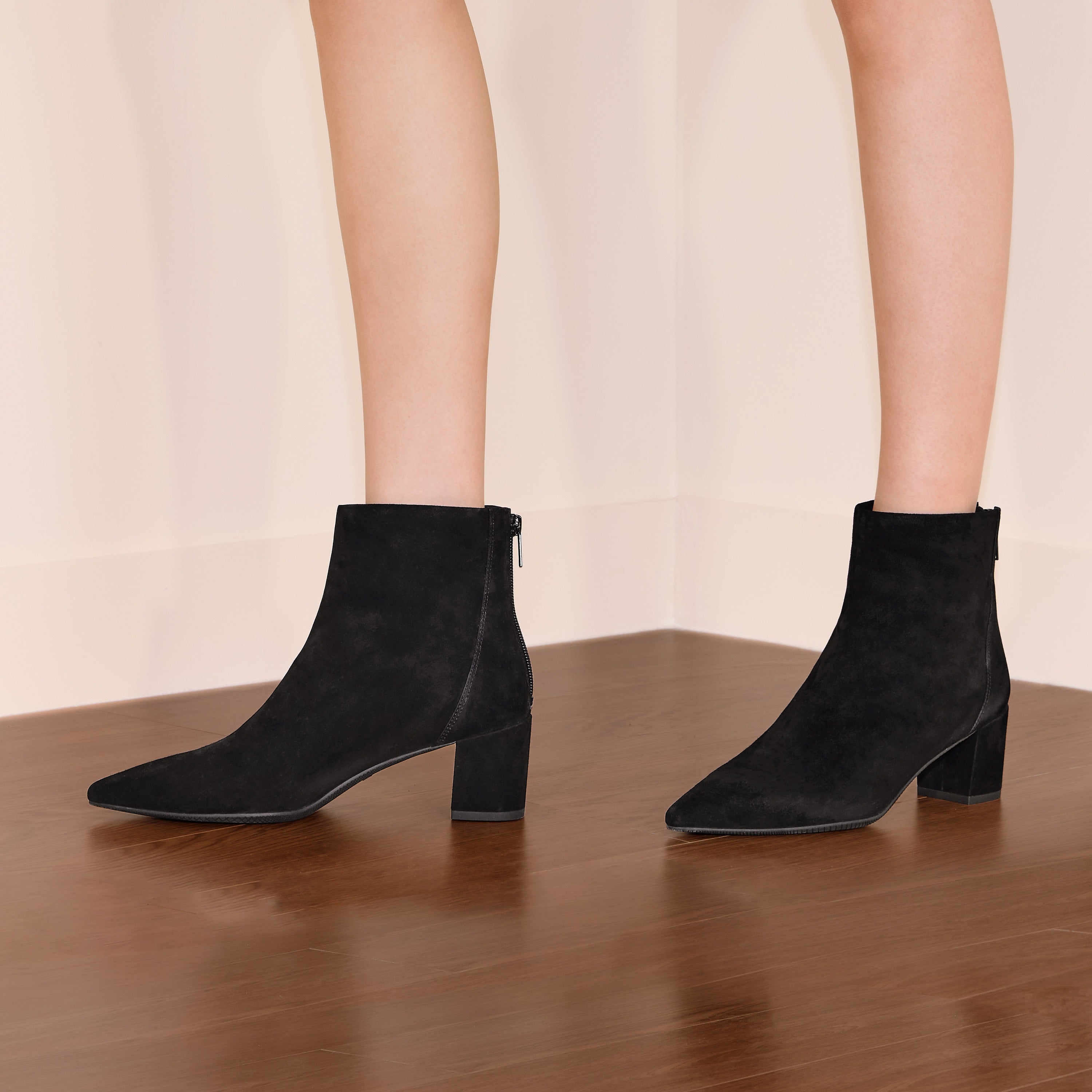 Black Suede Pointy Heeled Ankle Boots