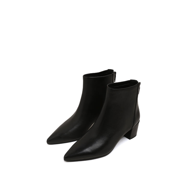 Black Leather Pointy Heeled Ankle Boots