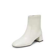 Beige Square Toe Softy Leather Ankle Boots