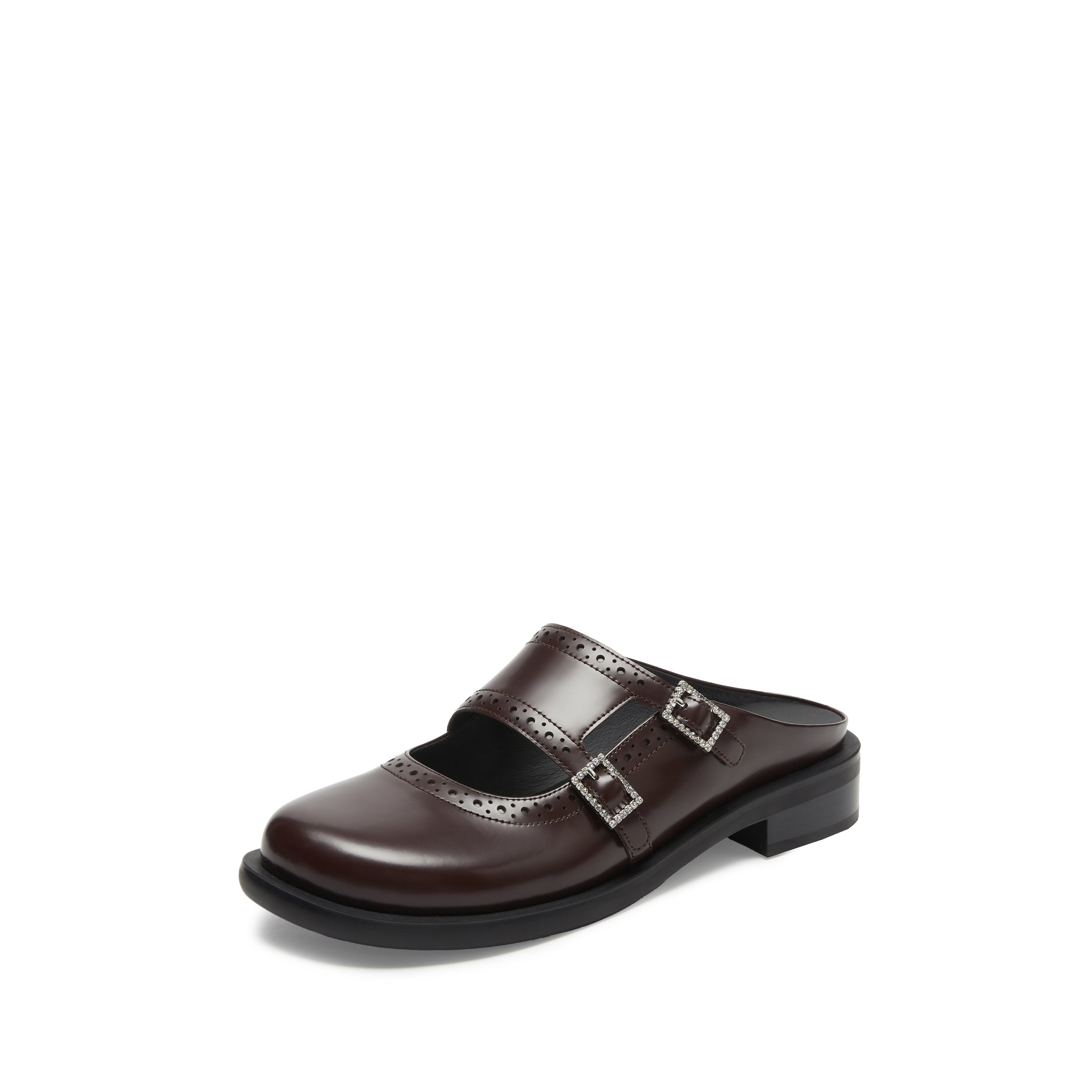 Brown Leather Crystal Buckle Slip On Loafers