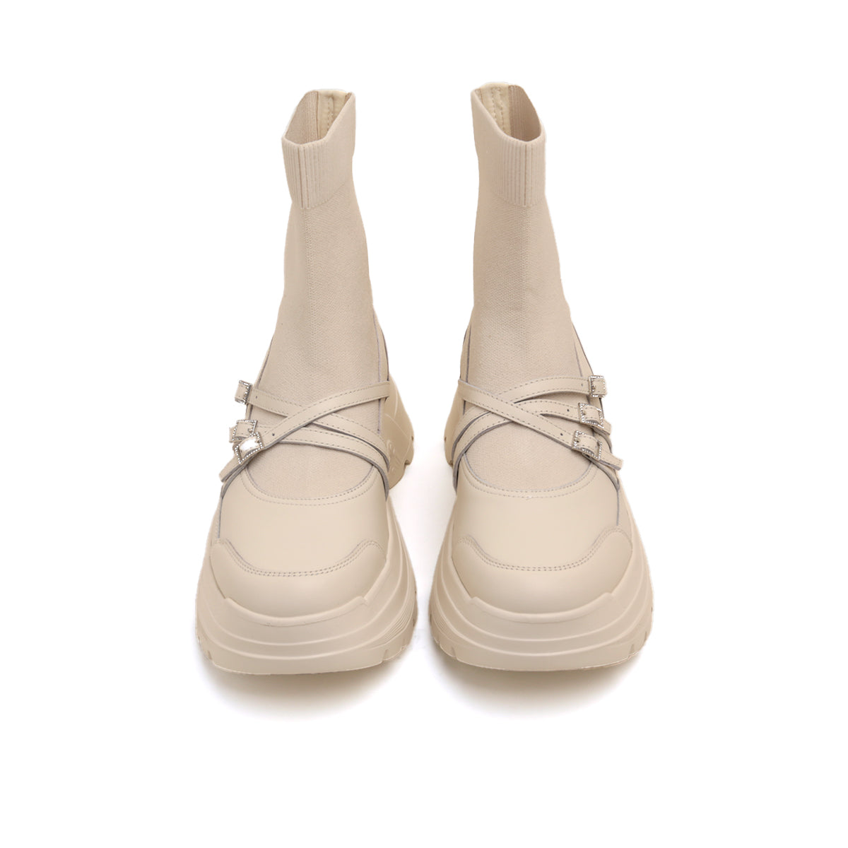 Beige Crystal Buckle Strappy Sock Patch Boots