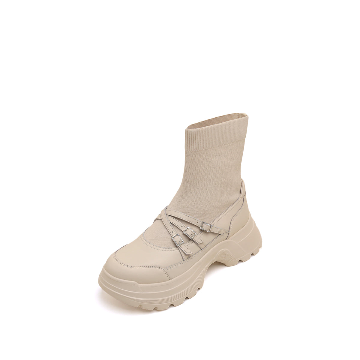 Beige Crystal Buckle Strappy Sock Patch Boots