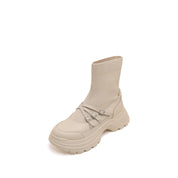 Beige Crystal Buckle Strappy Sock Patch Boots