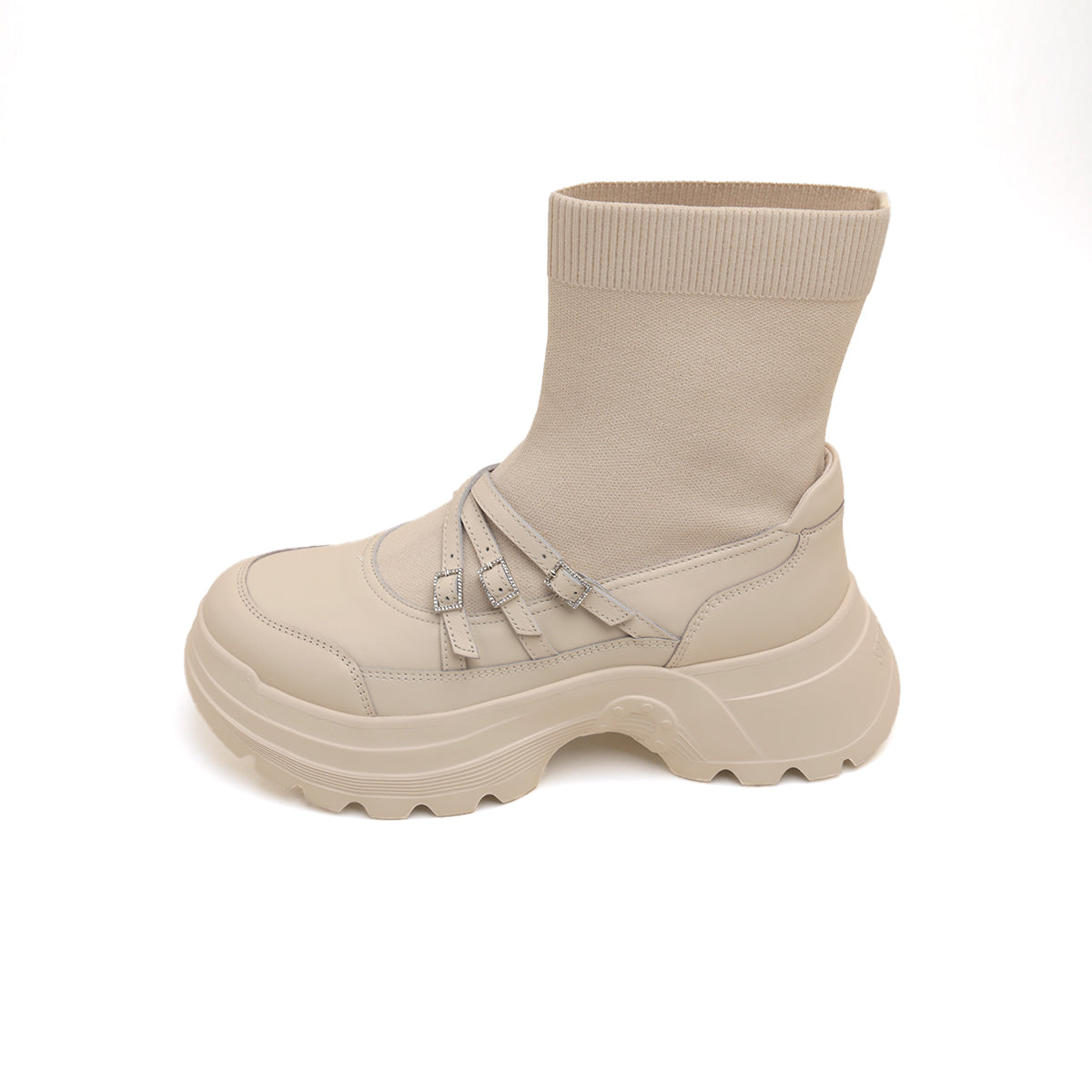 Beige Crystal Buckle Strappy Sock Patch Boots