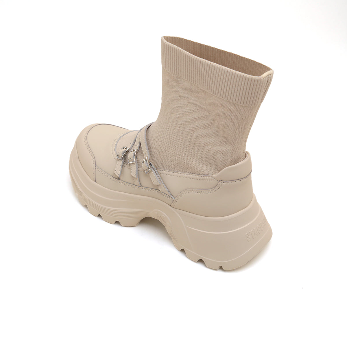 Beige Crystal Buckle Strappy Sock Patch Boots