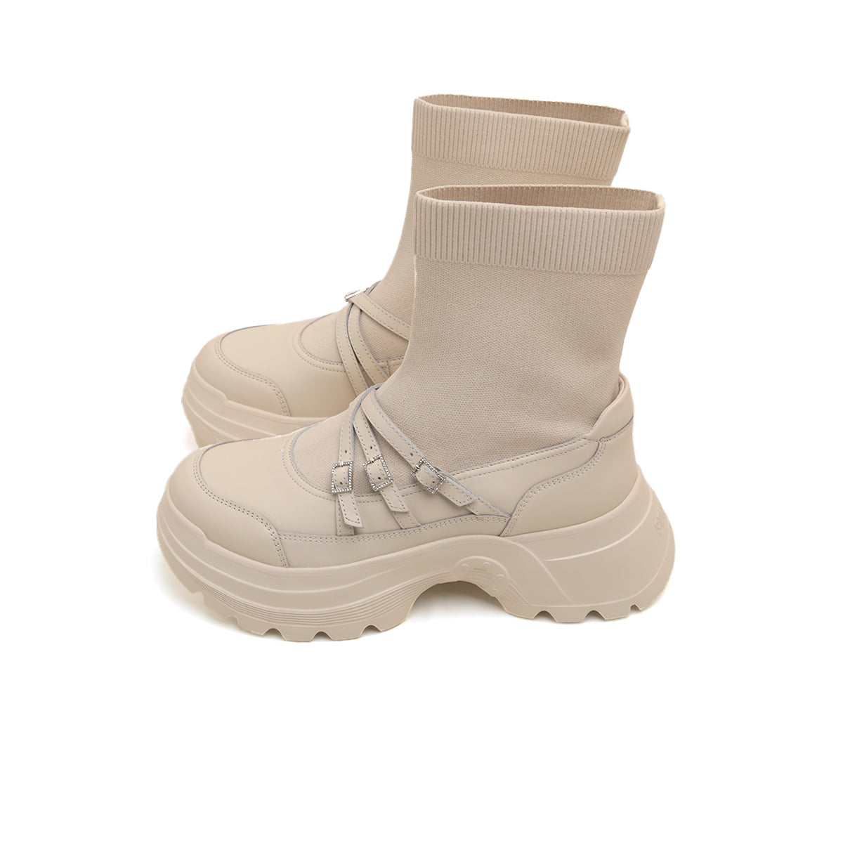 Beige Crystal Buckle Strappy Sock Patch Boots