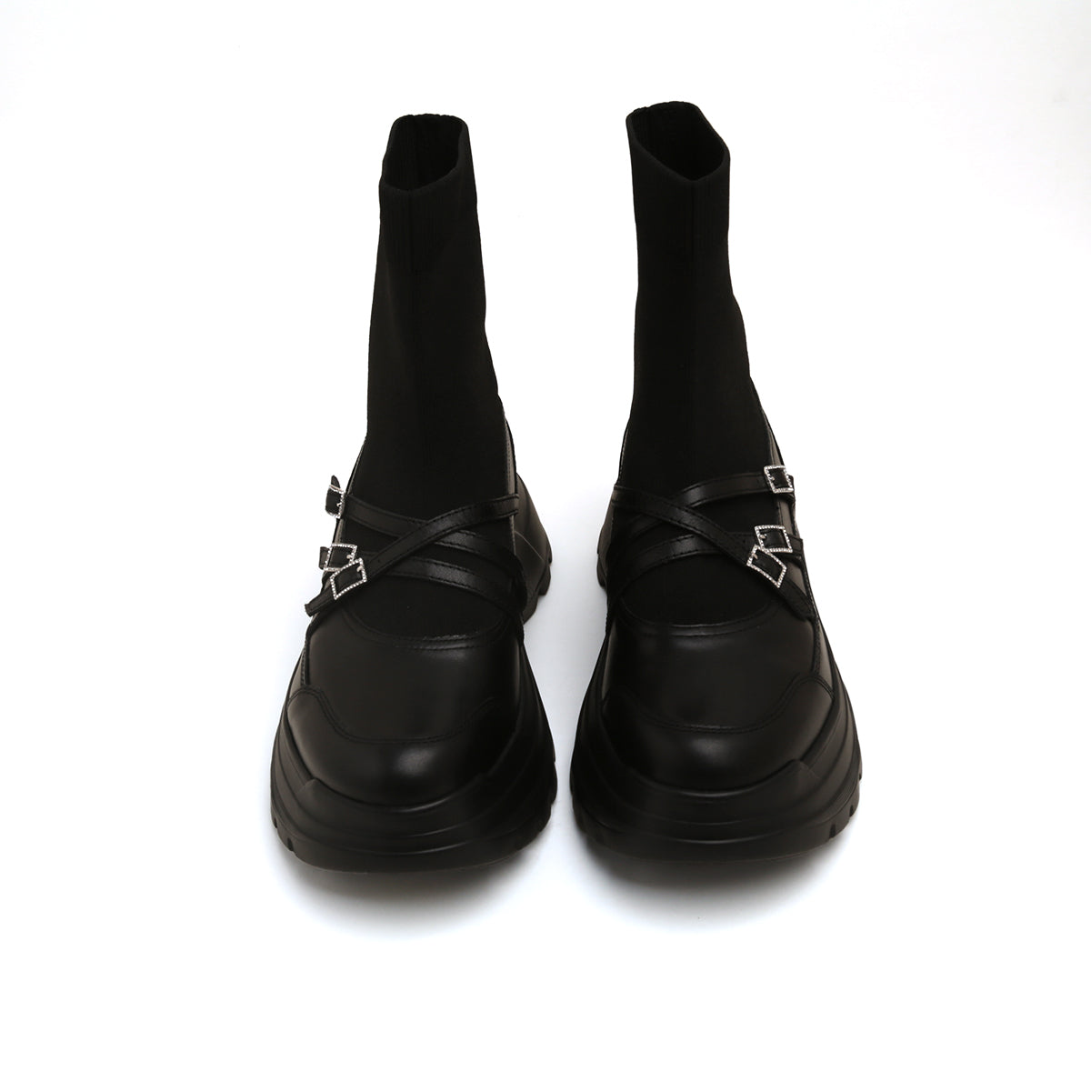 Black Crystal Buckle Strappy Sock Patch Boots