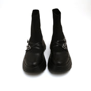 Black Crystal Buckle Strappy Sock Patch Boots