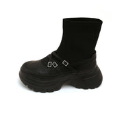 Black Crystal Buckle Strappy Sock Patch Boots