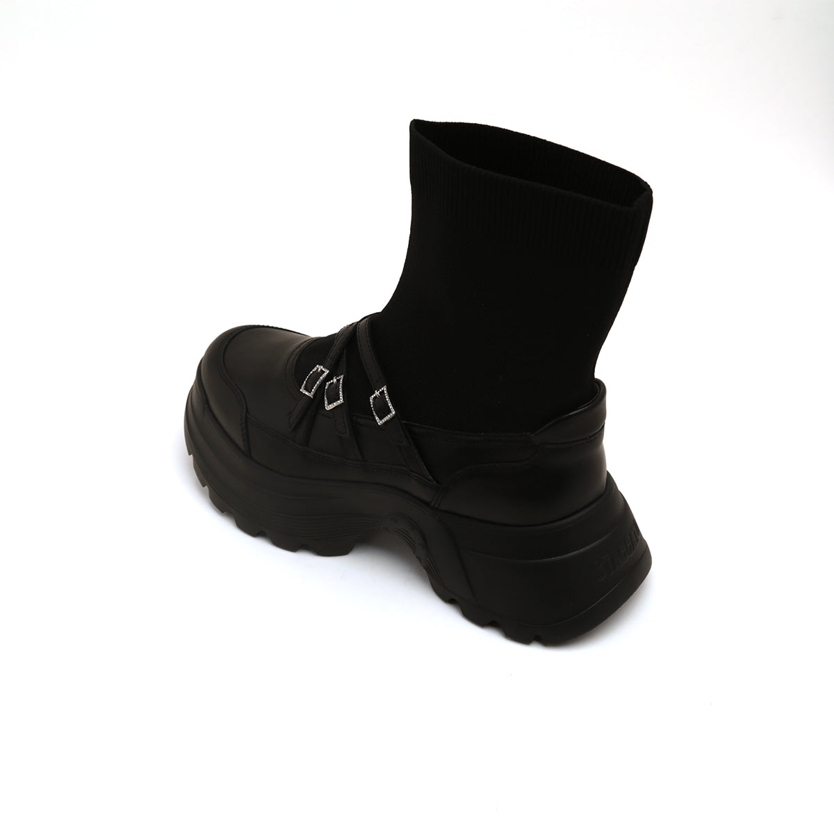 Black Crystal Buckle Strappy Sock Patch Boots