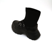 Black Crystal Buckle Strappy Sock Patch Boots
