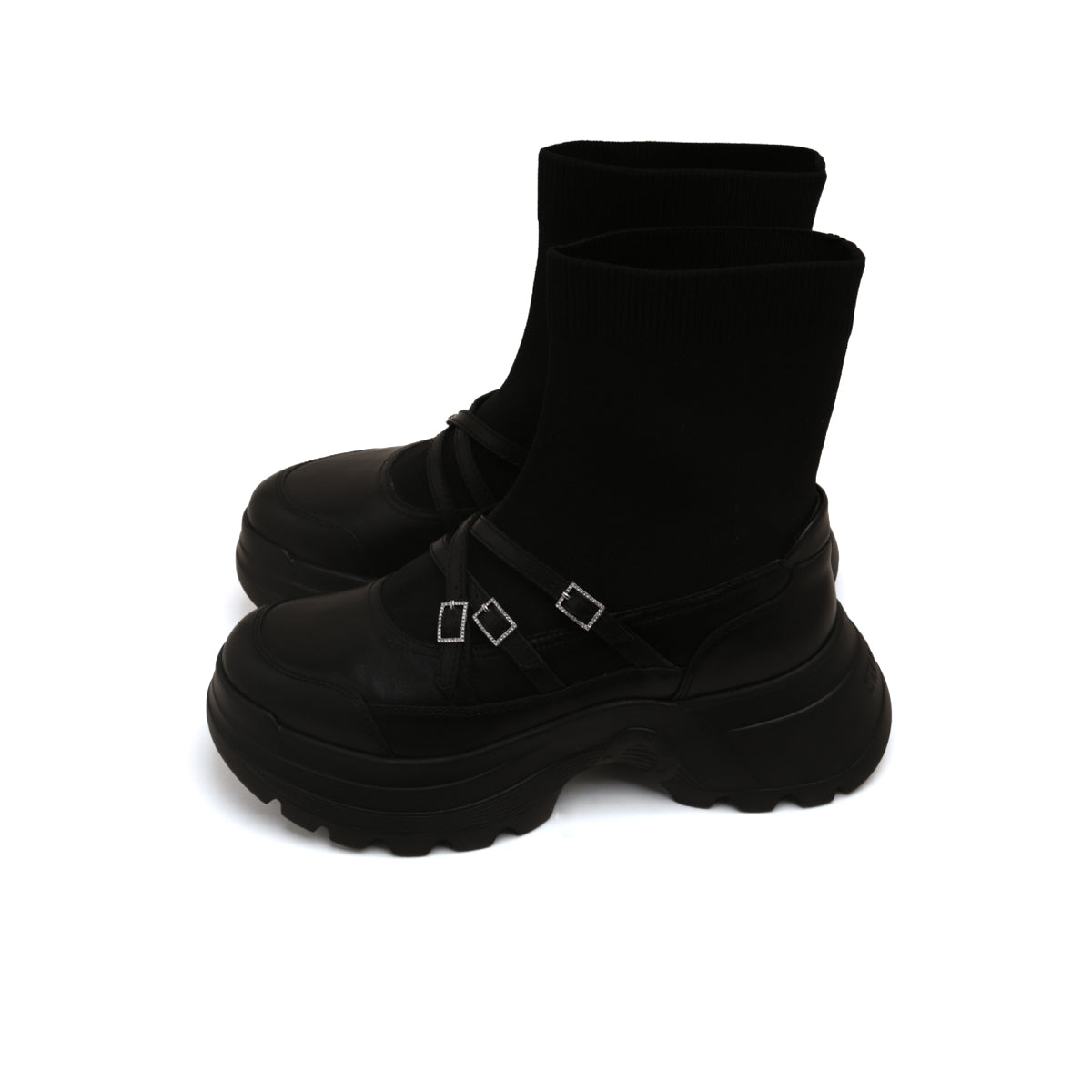 Black Crystal Buckle Strappy Sock Patch Boots