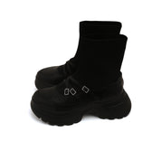 Black Crystal Buckle Strappy Sock Patch Boots