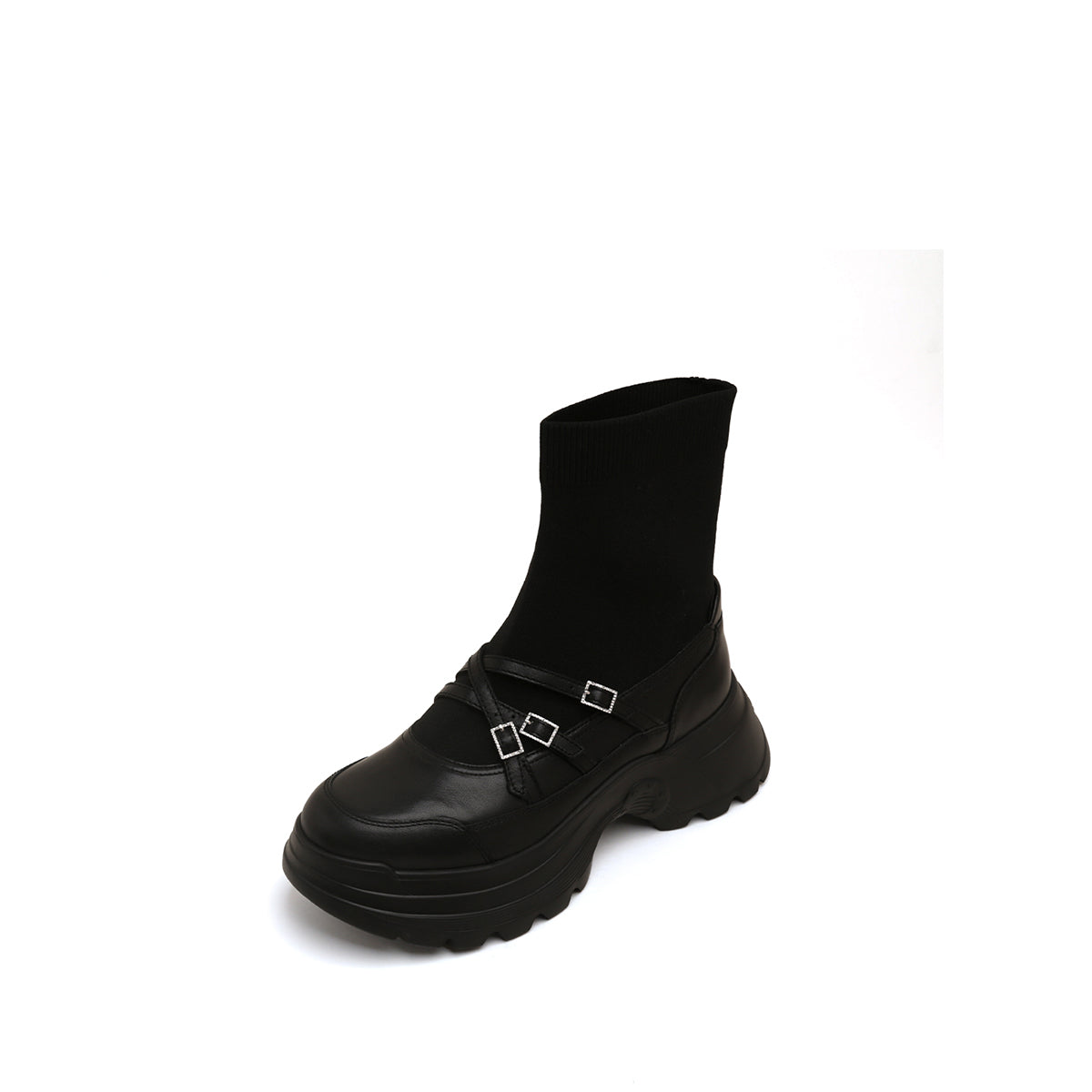 Black Crystal Buckle Strappy Sock Patch Boots