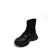Black Crystal Buckle Strappy Sock Patch Boots