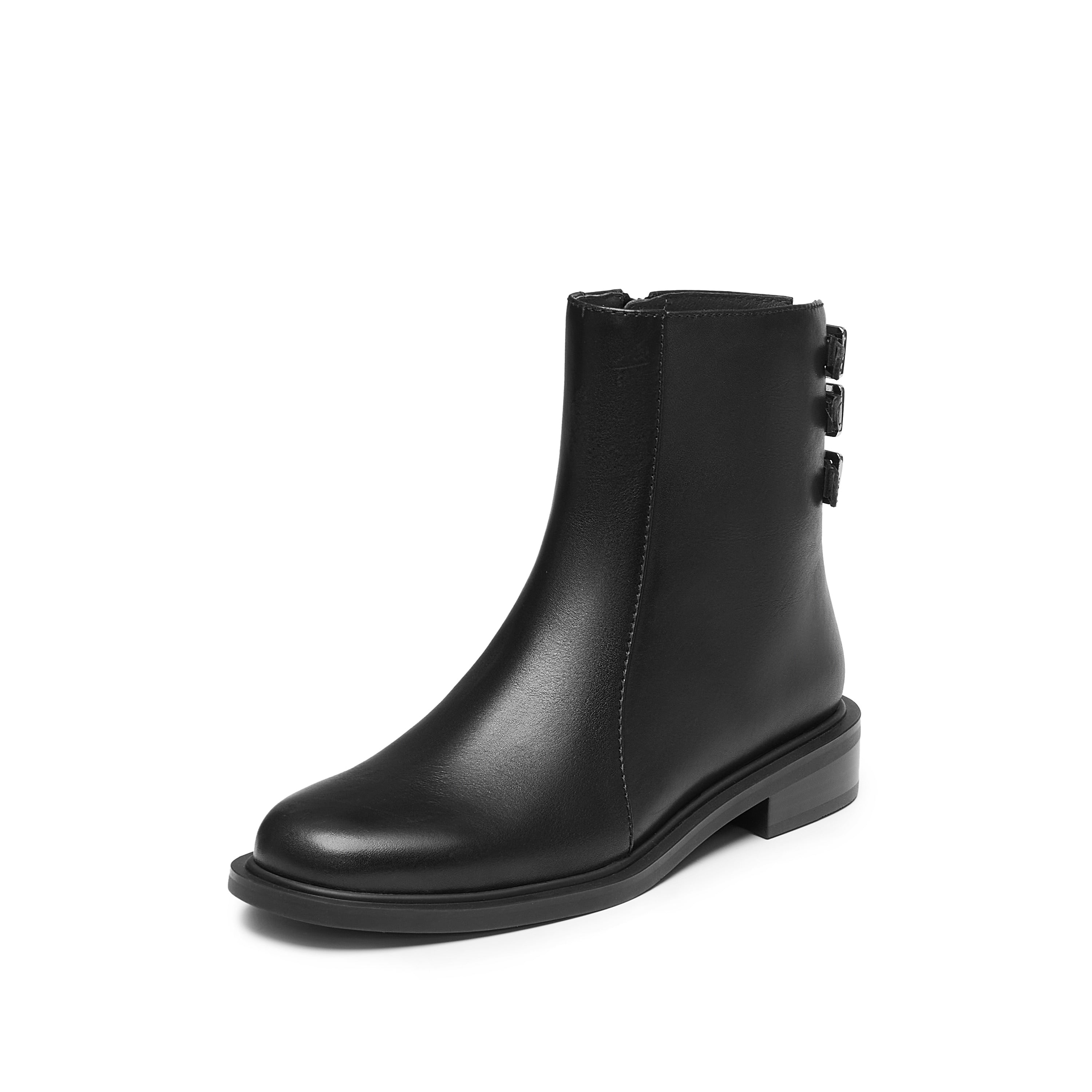 Black Back Strappy Leather Ankle Boots