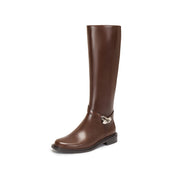 Brown Buckle Ankle Strap High Knee Boots