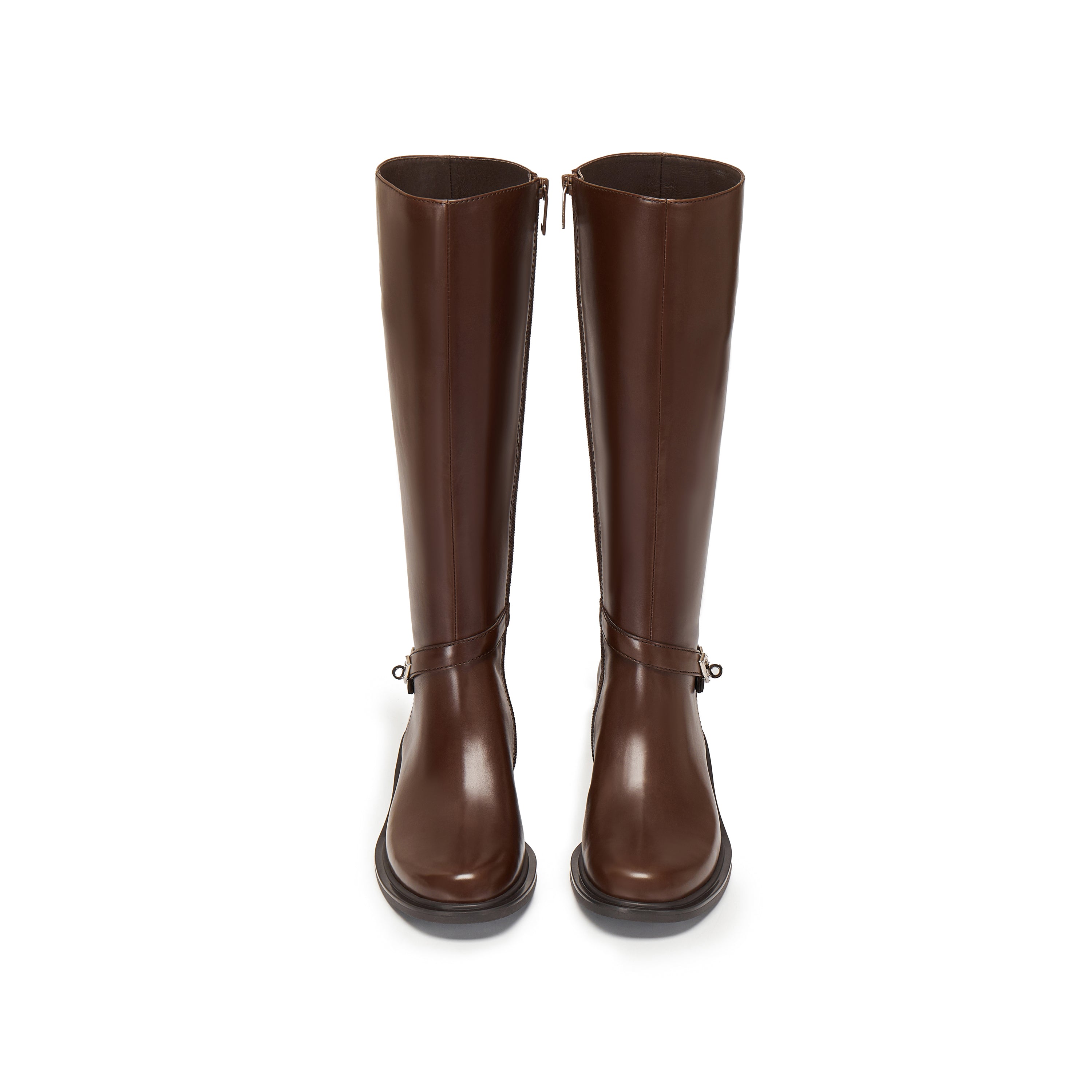 Brown Buckle Ankle Strap High Knee Boots