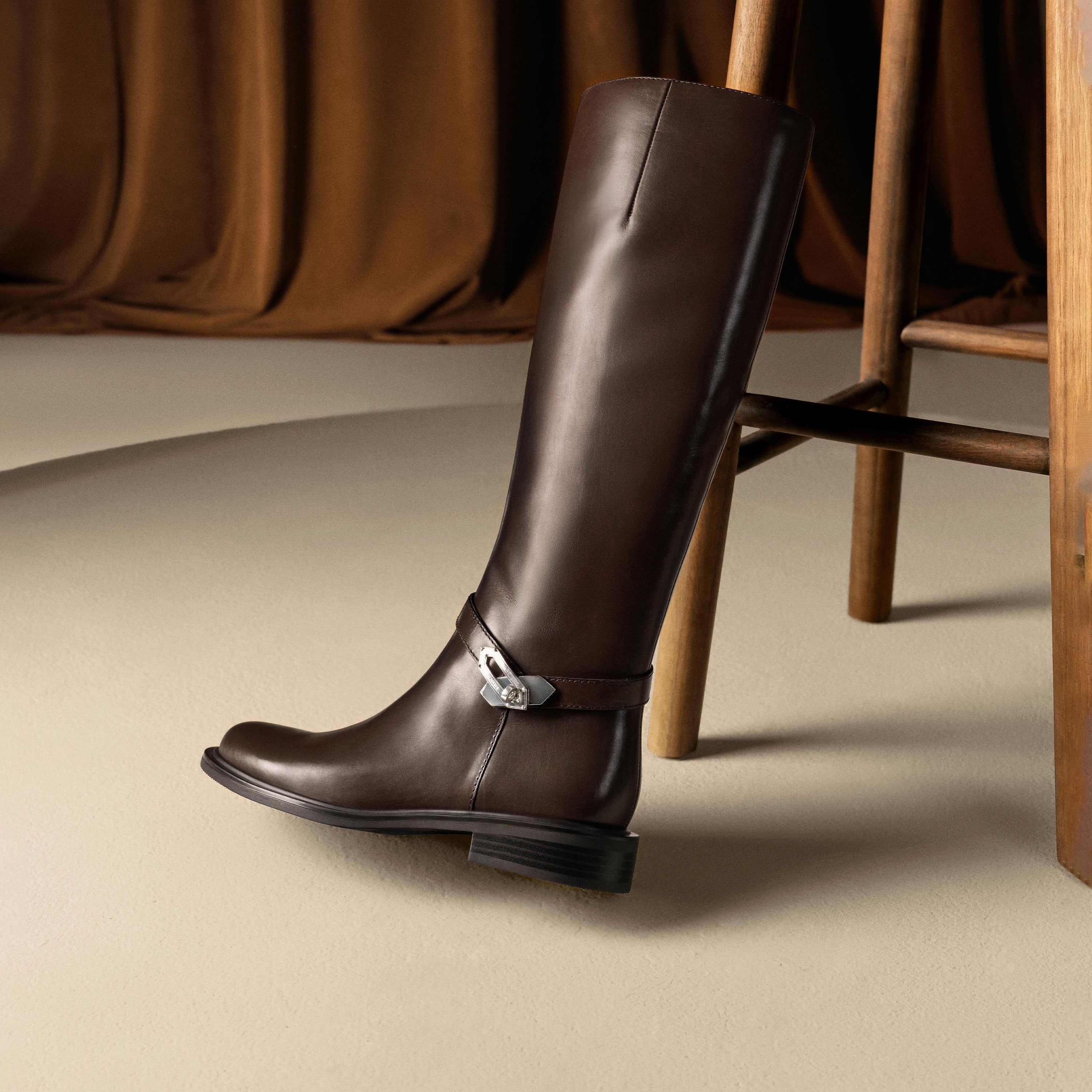 Brown Buckle Ankle Strap High Knee Boots