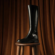 Black Buckle Ankle Strap High Knee Boots