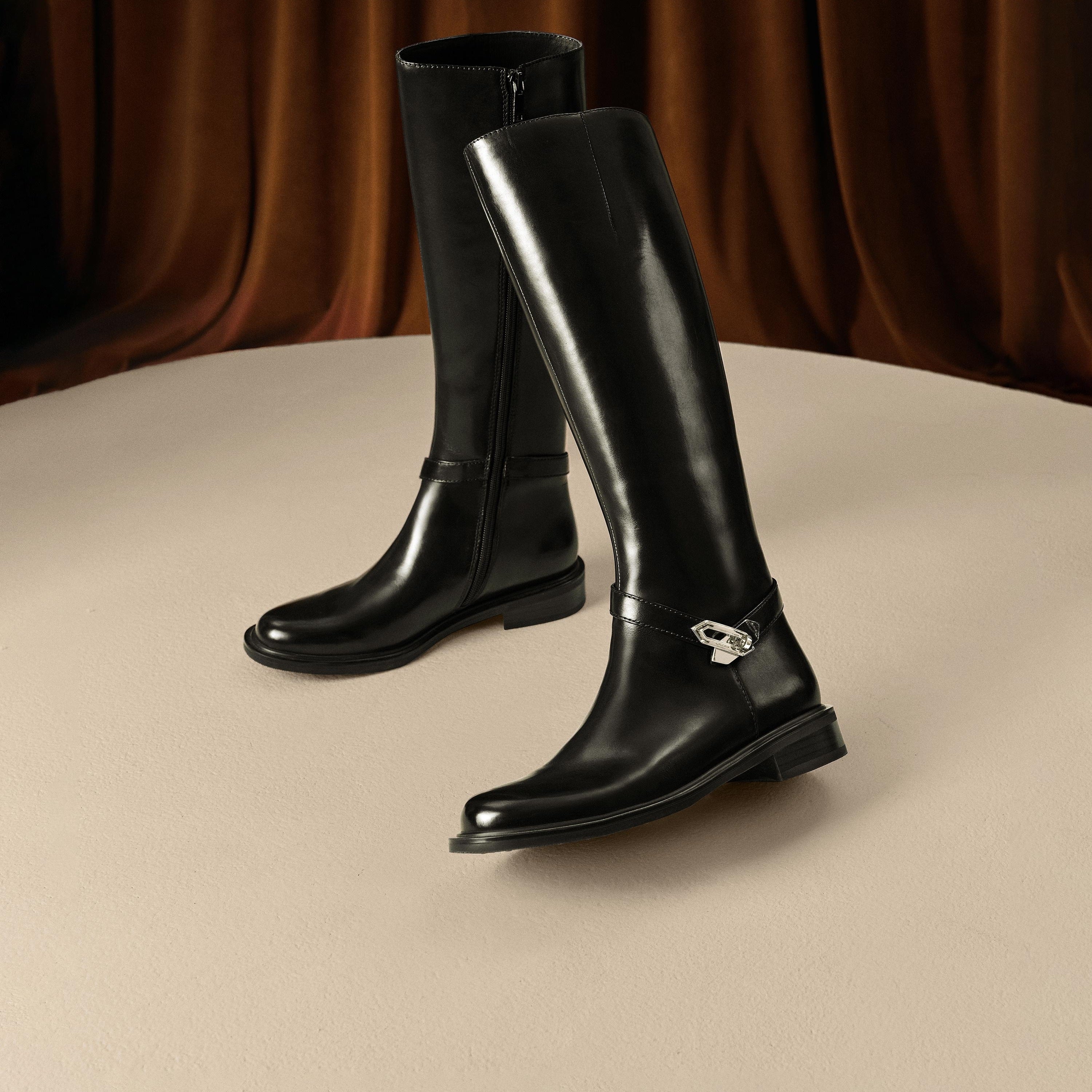 Black Buckle Ankle Strap High Knee Boots