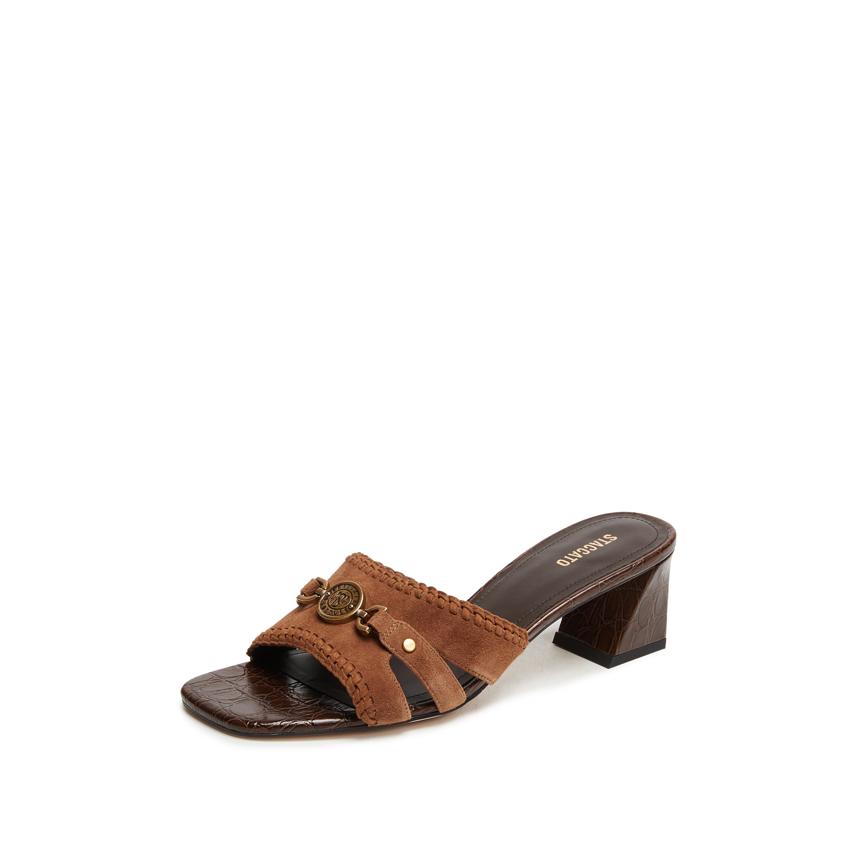 Brown Suede ST Coins Strap Heeled Sandals