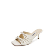 Beige Double Bows Leather Heeled Sandals