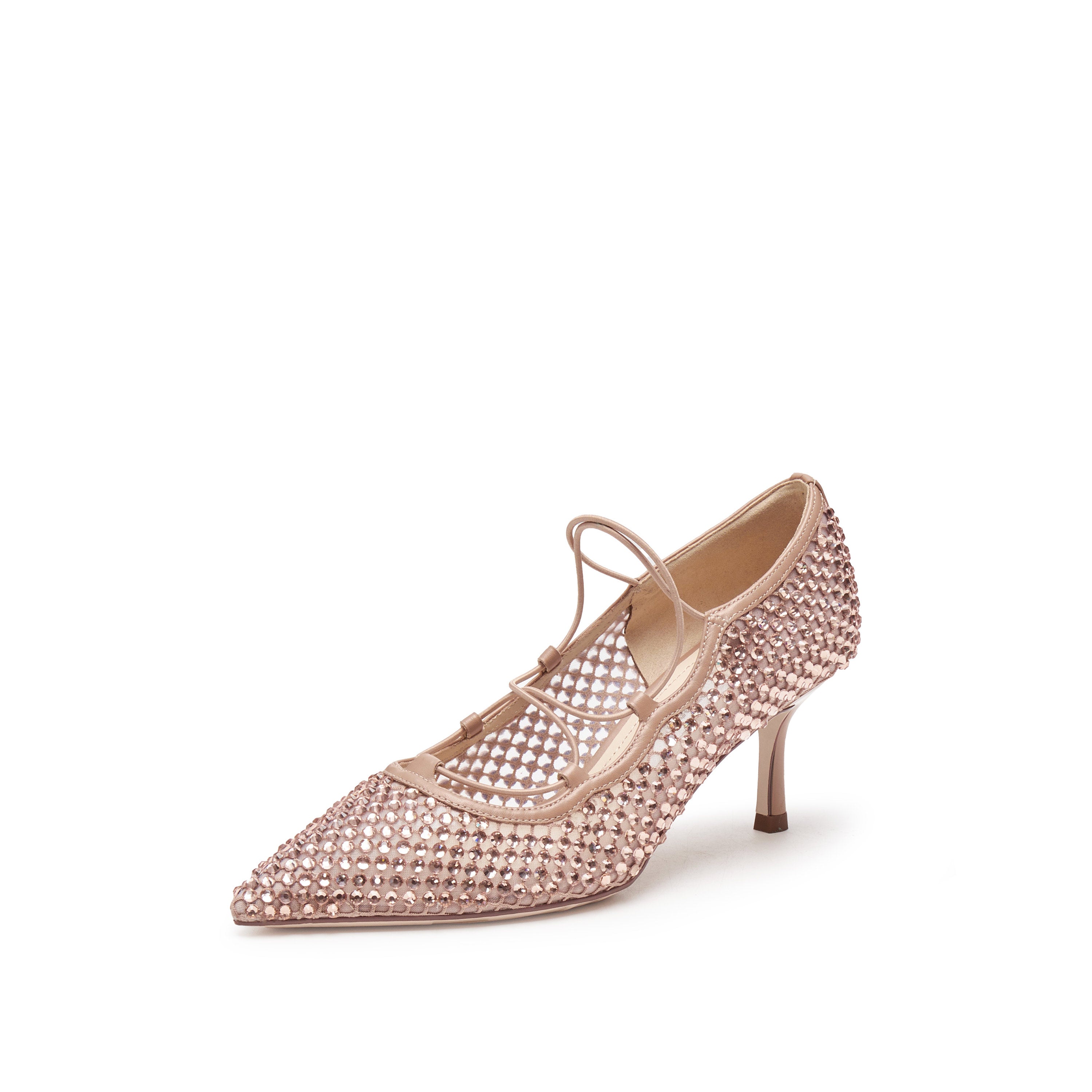 Pink Mesh Crystal Embellished Heeled Pumps