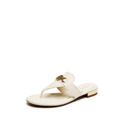 Beige ST Buckle Thong Leather Slides