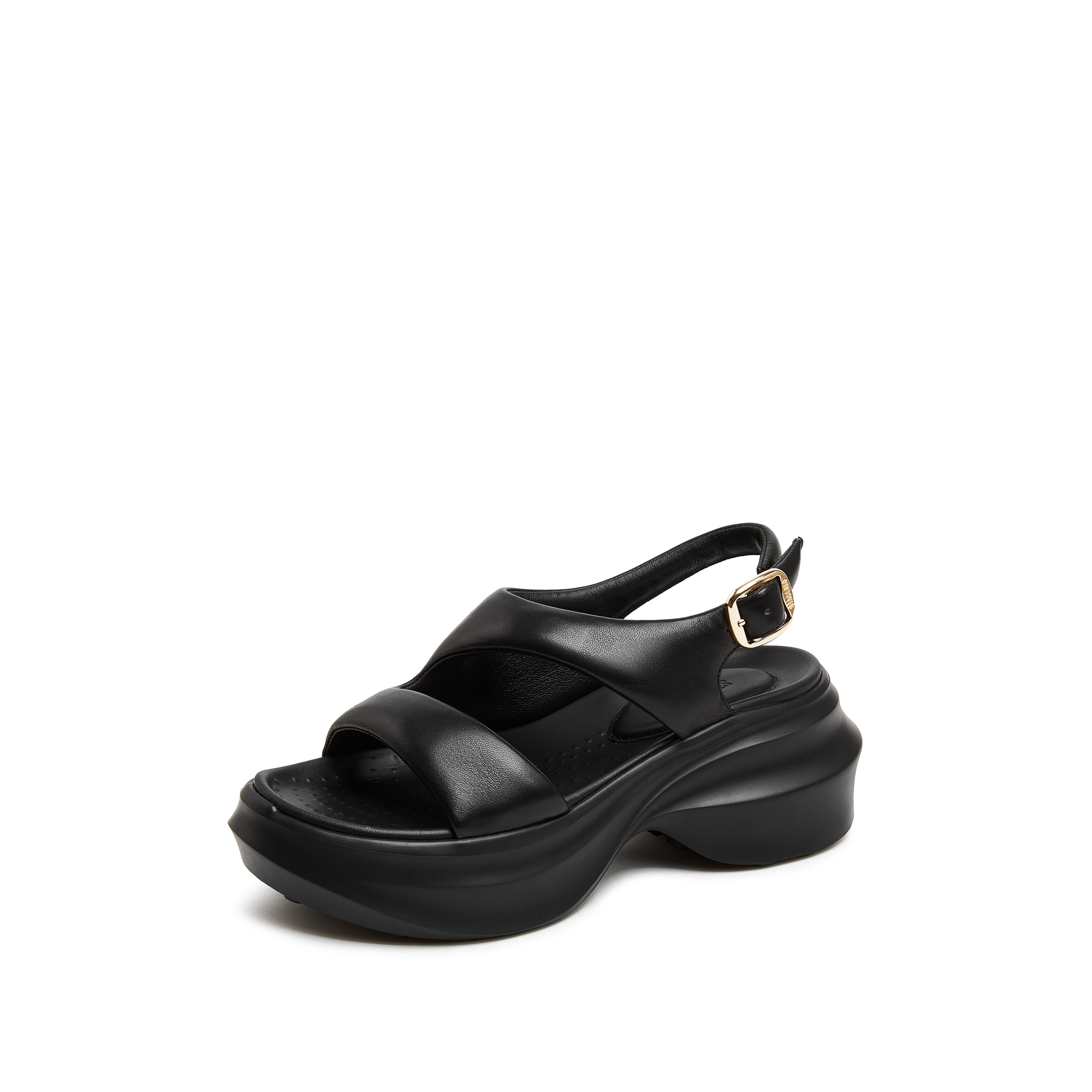 Black Leather Sproty Chunky Sandals