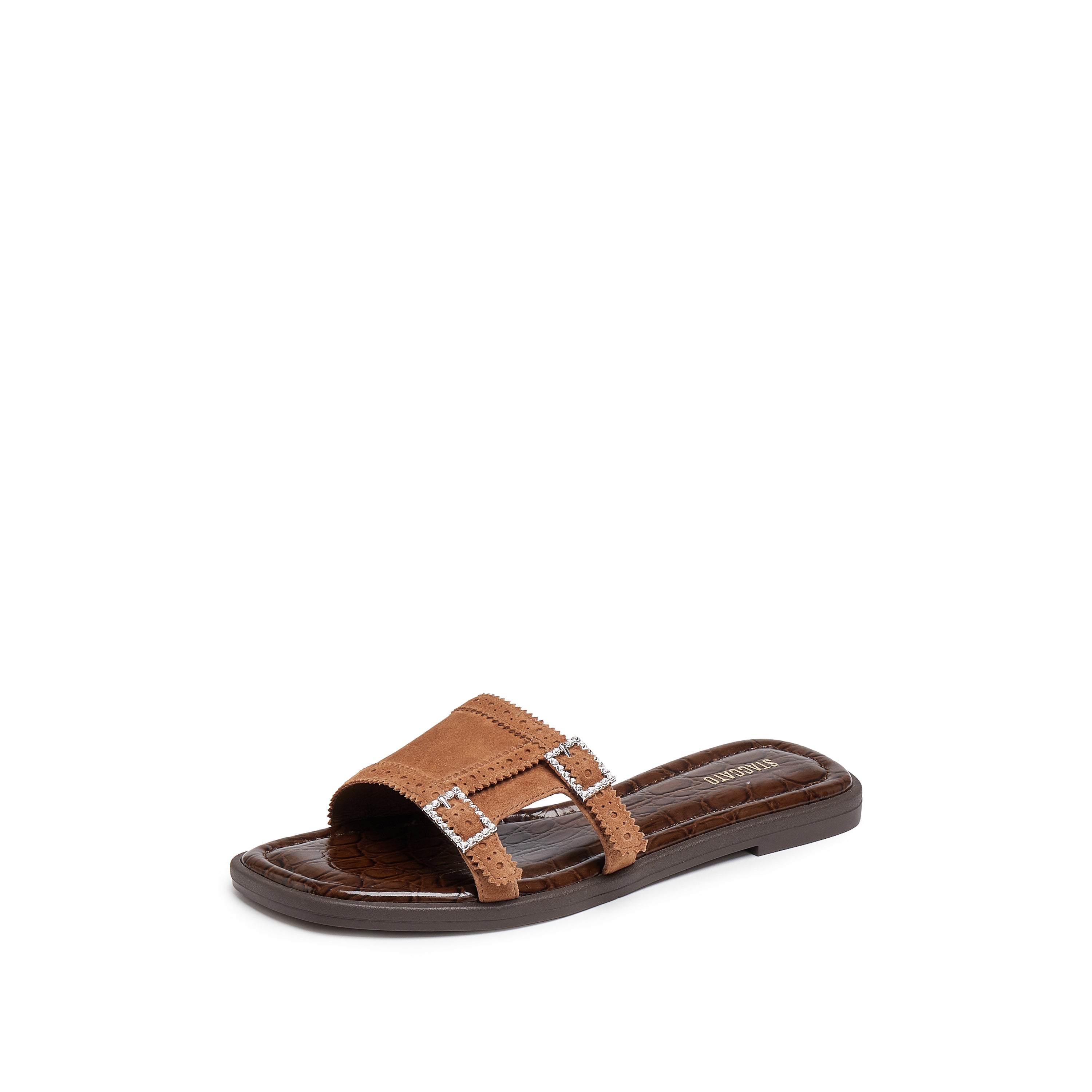 Brown Crystal Buckle Suede Slides