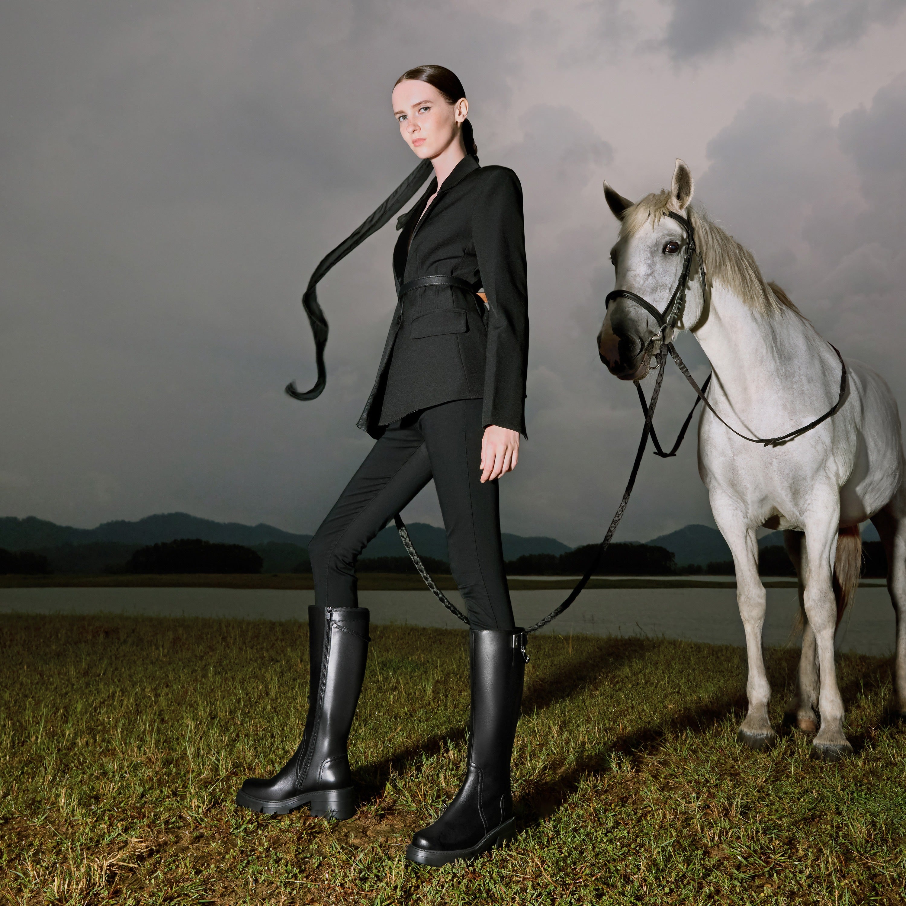 Black Buckle Under Knee Platform Riding Boots