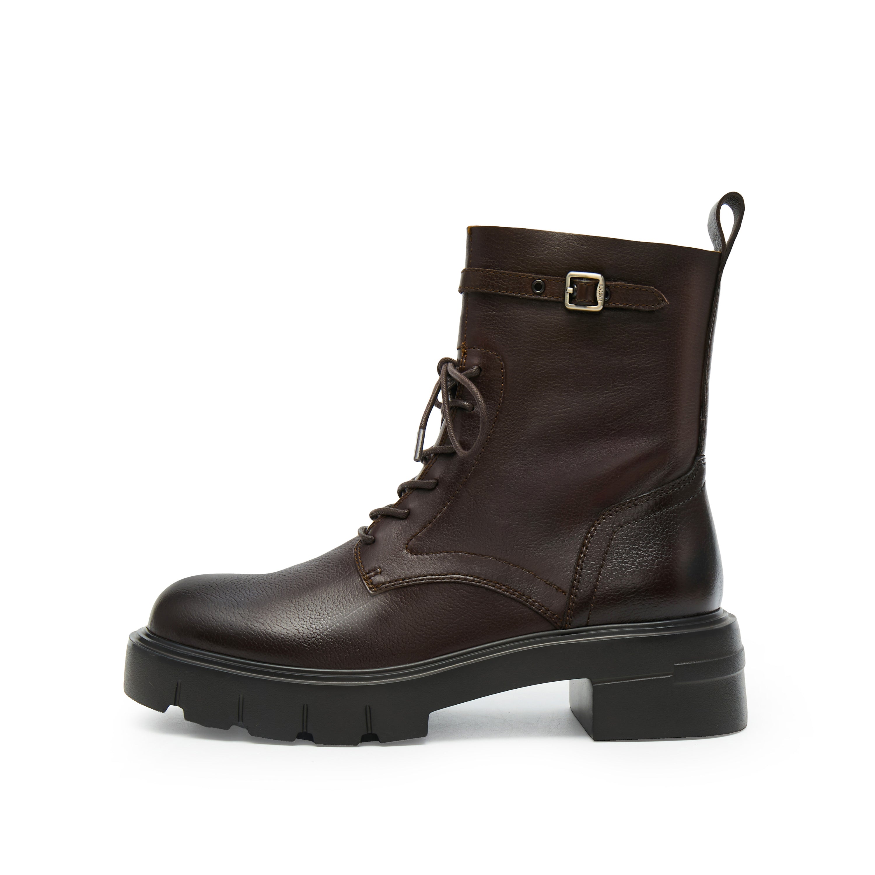Dark Brown Buckle Strap Combat Boots