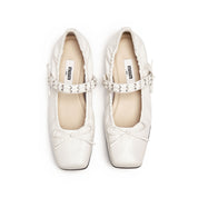 White Waxy Bow Strappy Ballet Flats