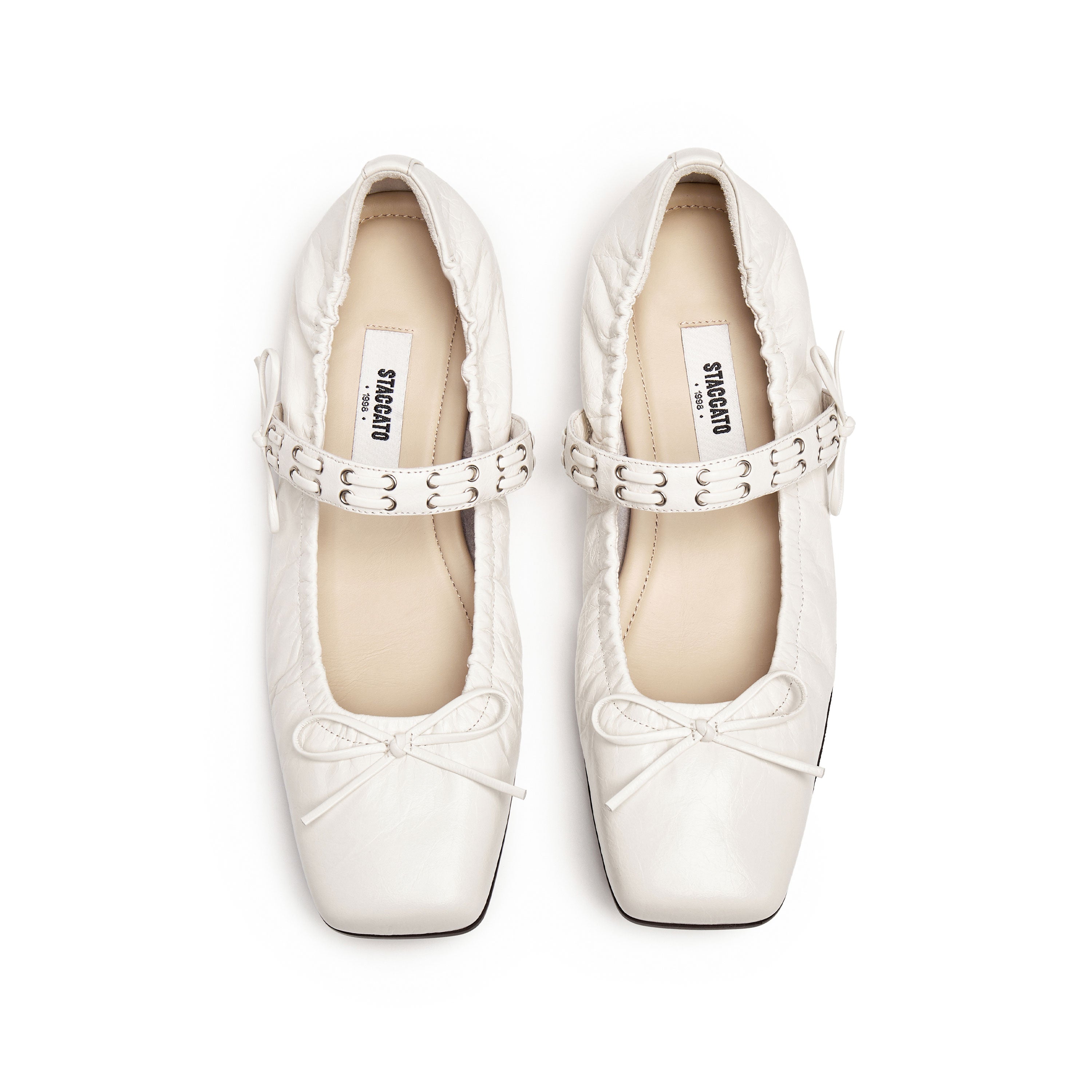 White Waxy Bow Strappy Ballet Flats