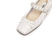 White Waxy Bow Strappy Ballet Flats