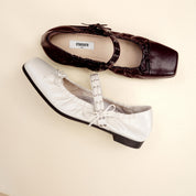 White Waxy Bow Strappy Ballet Flats
