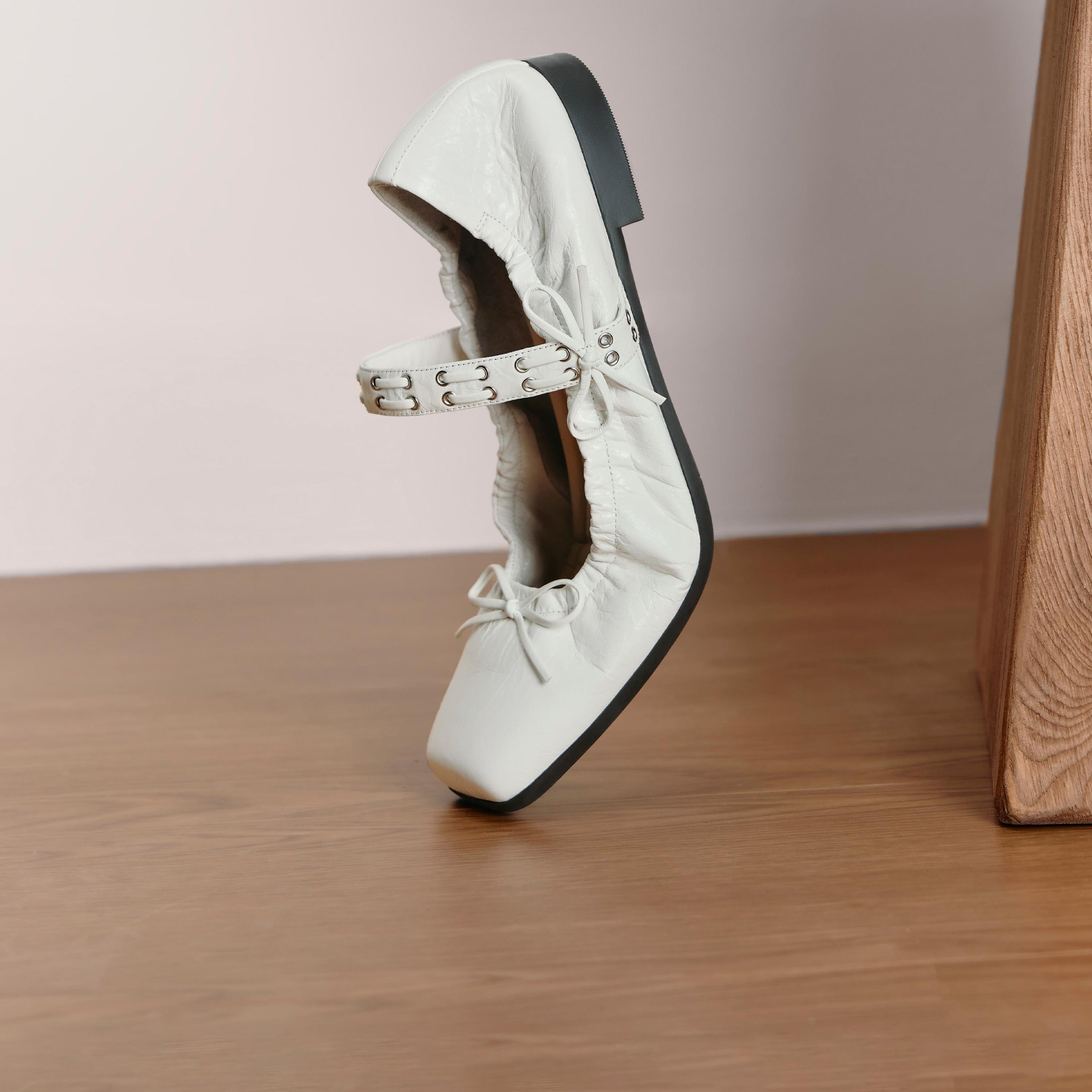 White Waxy Bow Strappy Ballet Flats