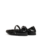 Black Waxy Bow Strappy Ballet Flats