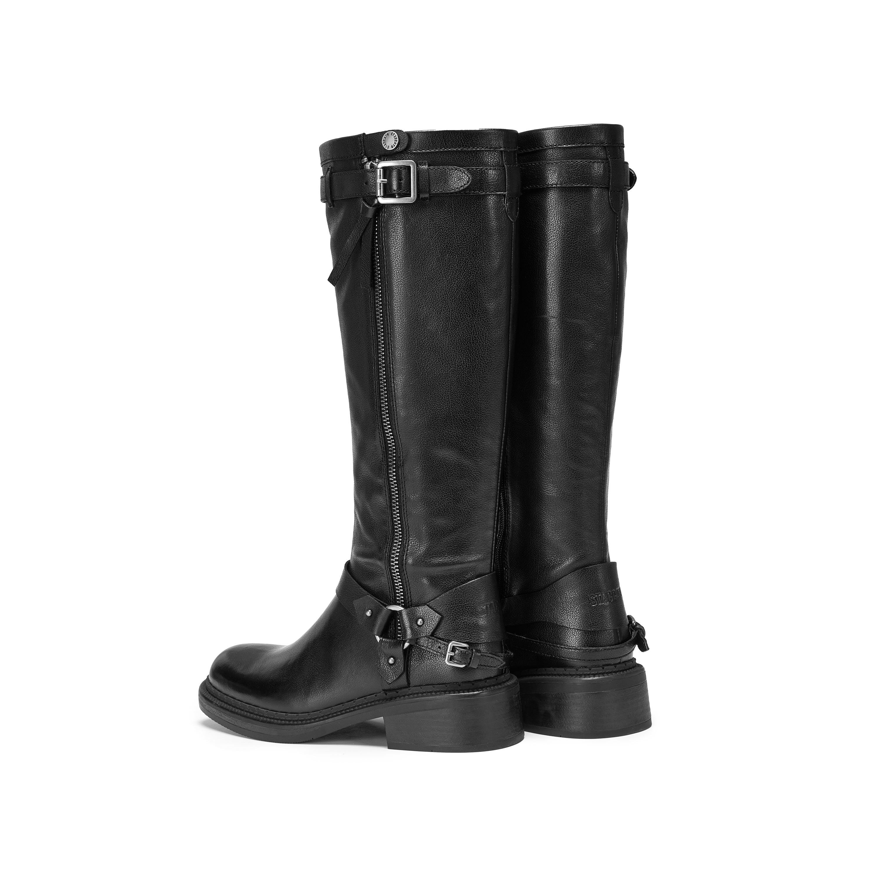 Black Double Buckle Under Knee Biker Boots