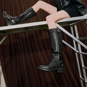 Black Double Buckle Under Knee Biker Boots