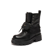 Black Leather Double Tongue Lace Up Combat Boots