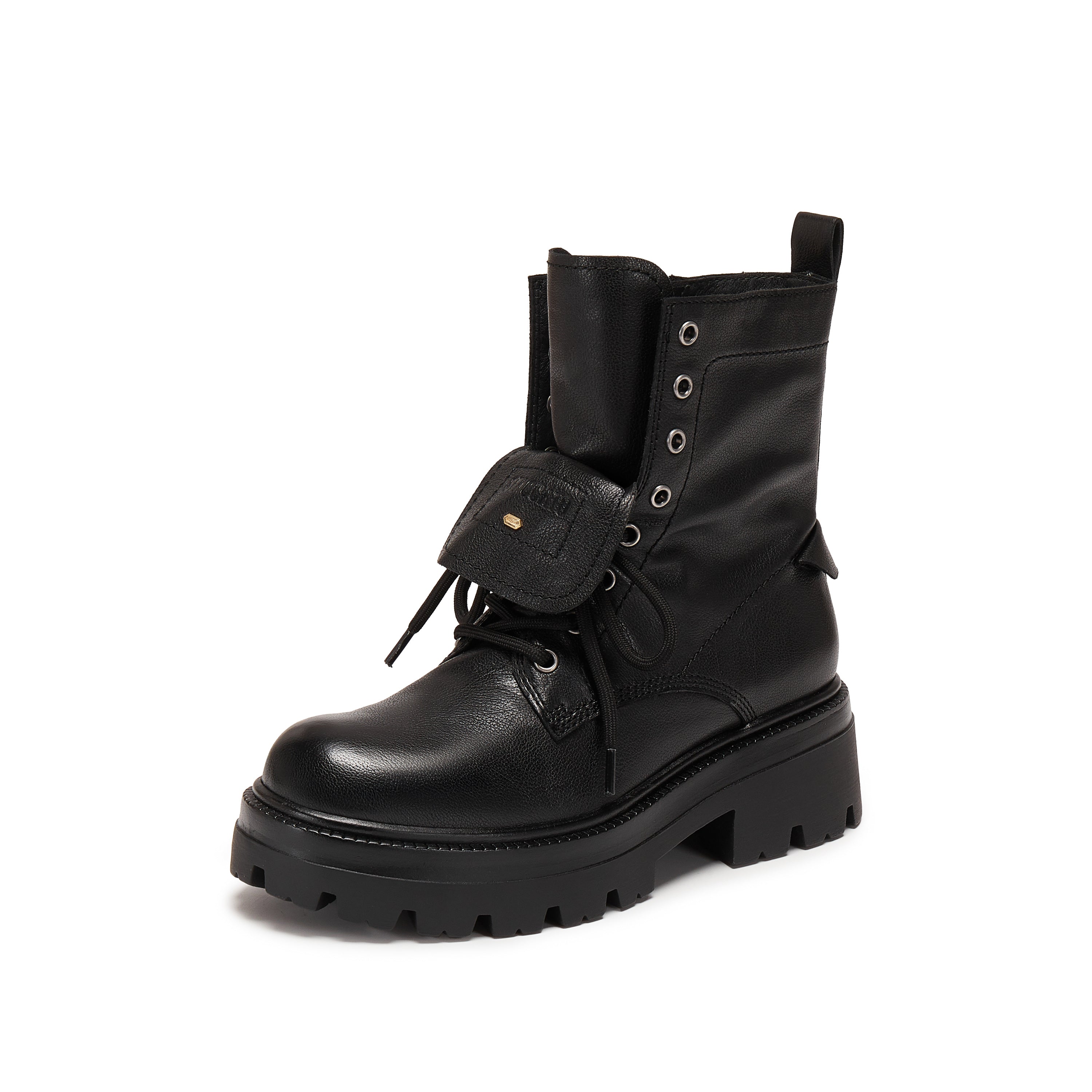 Black Leather Double Tongue Lace Up Combat Boots