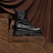 Black Leather Double Tongue Lace Up Combat Boots
