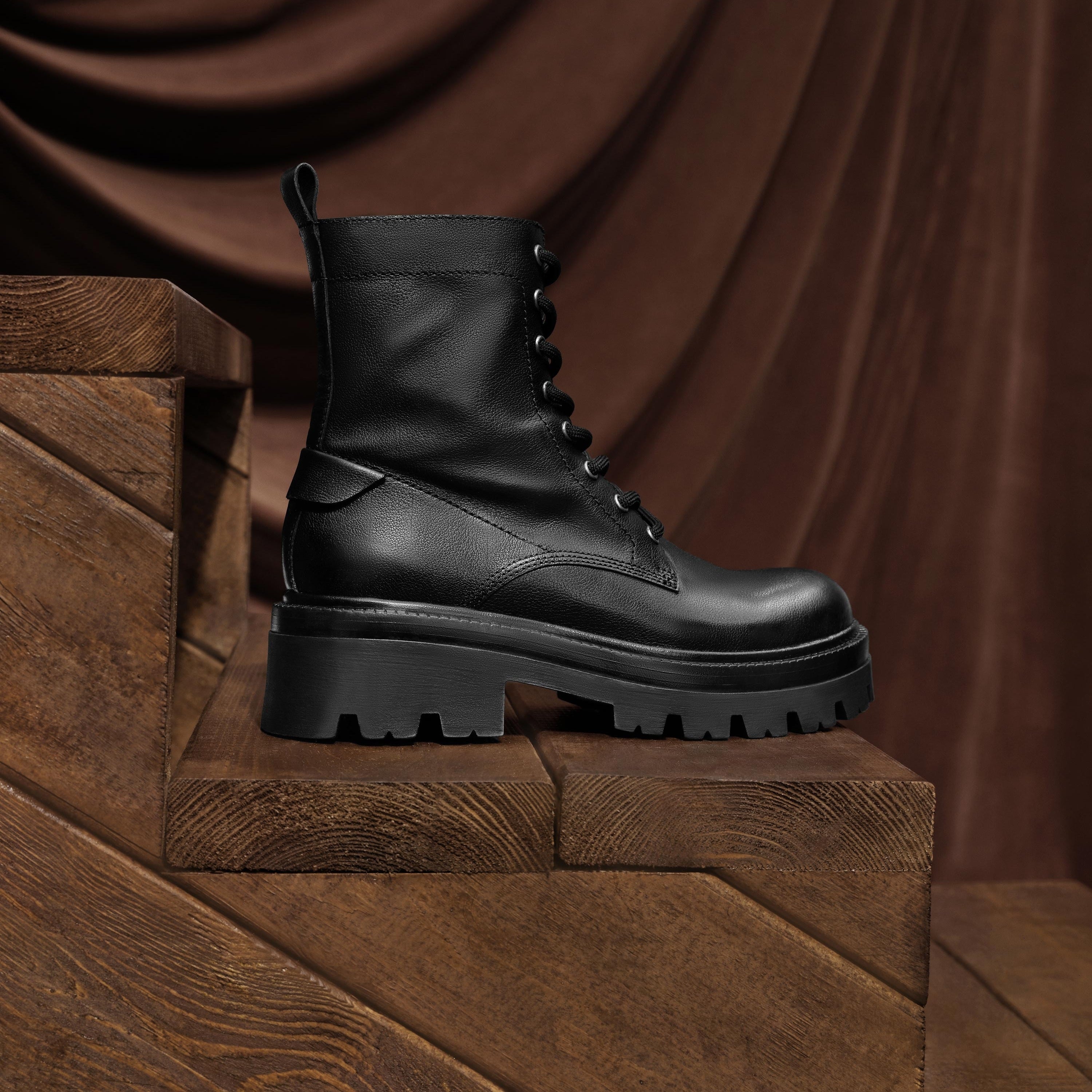 Black Leather Double Tongue Lace Up Combat Boots